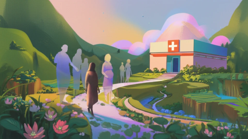 A pregnant woman in rural Nepal receives support from her community as she accesses maternal healthcare services.