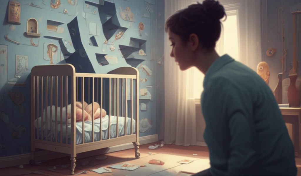 A surreal image of a baby crib transforming into a maze, symbolizing hidden dangers in baby products.