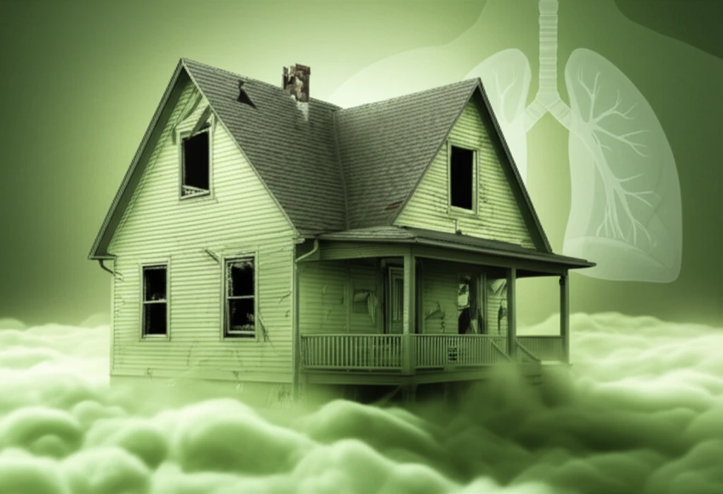 Surreal illustration of a house submerged in radon gas with lung silhouette