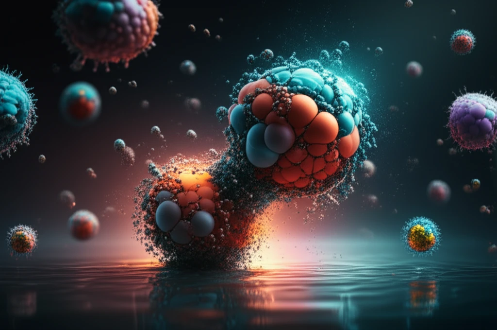 Nanoparticles degrading dye molecules in water.