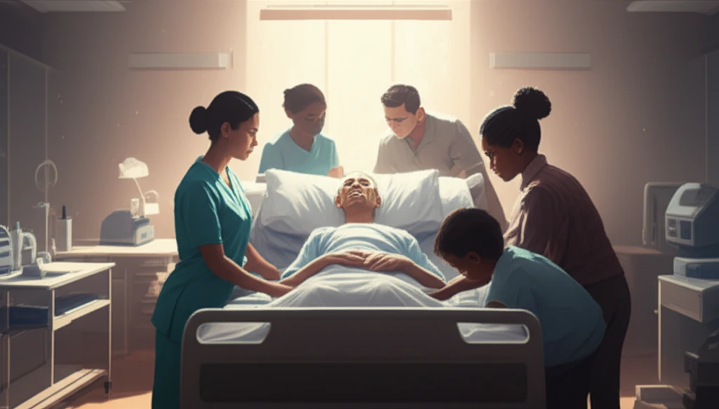 A diverse group of people surrounding a hospital bed.