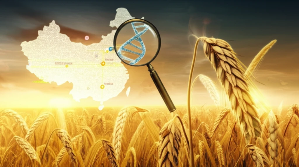 Wheat field with DNA strands, symbolizing genetic research for crop adaptation.