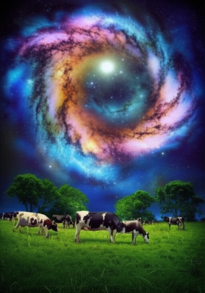 Lush pasture with cows under Milky Way galaxy, symbolizing rich milk nutrition.