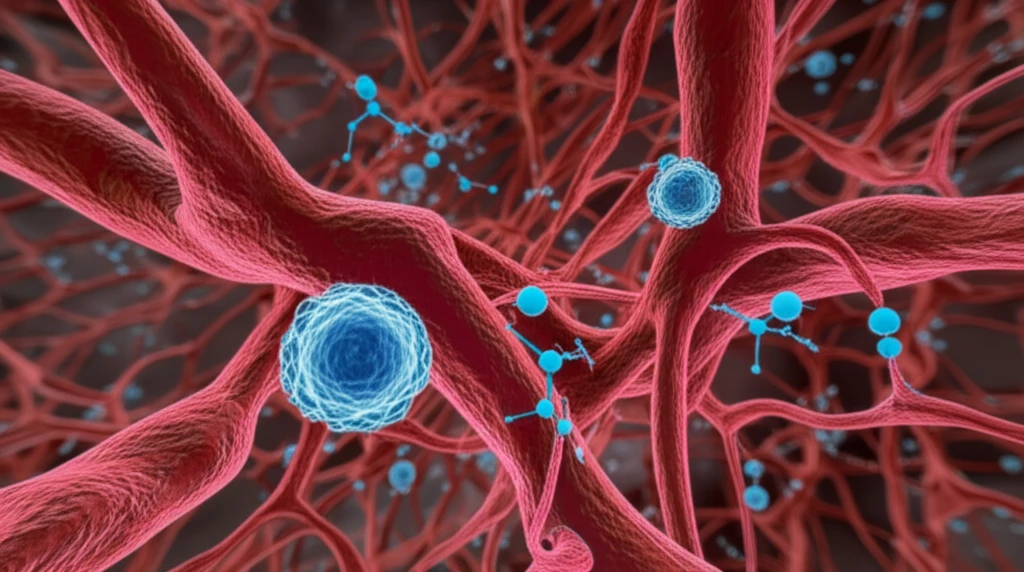 Microscopic view of bevacizumab molecules fighting cancer cells.