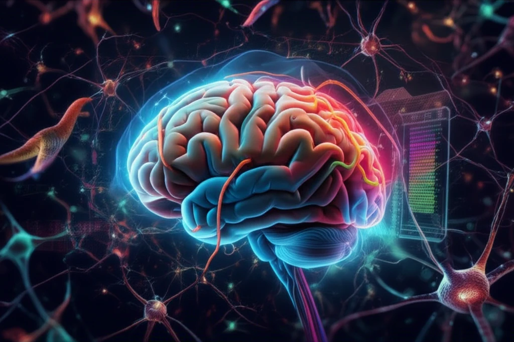 Microscopic view of the brain with interconnected neurons, tapeworm structures, and genetic sequencing data.