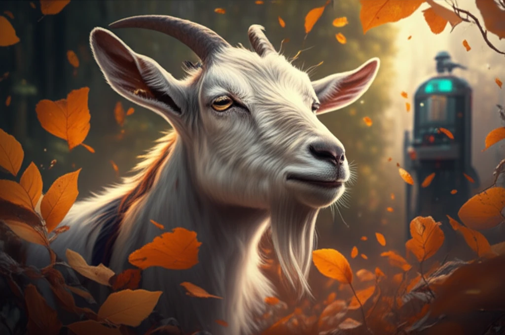 Surreal illustration of orange leaves surrounding a happy goat in a sustainable futuristic farm.