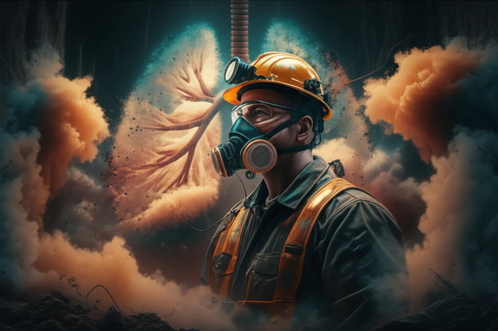 Quarry worker wearing respirator amidst swirling dust.