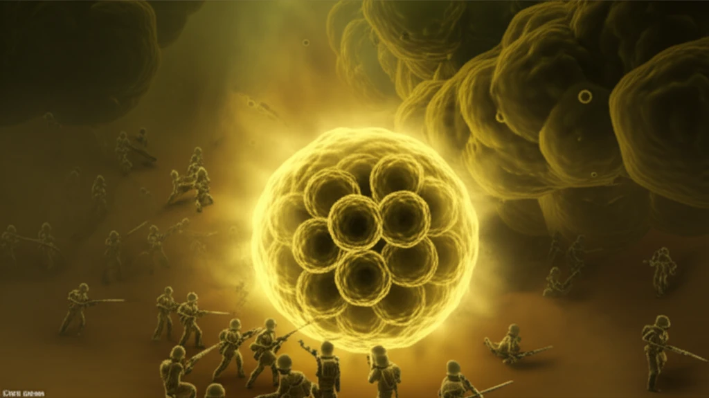 Microscopic battle against sulfur mustard with protective shield.