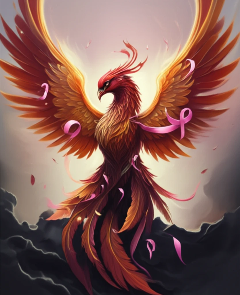 Phoenix rising from ashes with pink ribbons, symbolizing breast cancer recovery and hope.