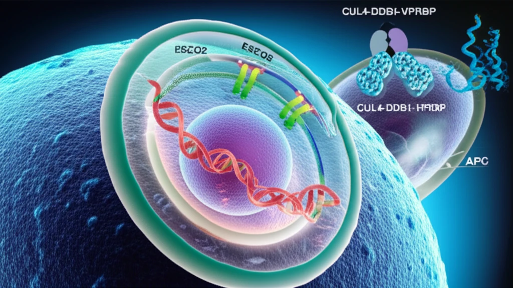 Cell nucleus with DNA replication highlighted. The MCM complex is depicted as a protective shield around ESCO2 enzymes, while CUL4-DDB1-VPRBP and APC complexes initiate ESCO2 degradation.