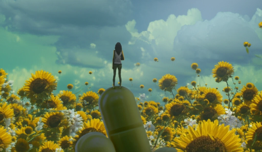 A woman stands confidently on a birth control pill surrounded by flowers, symbolizing reassurance about cancer risk.