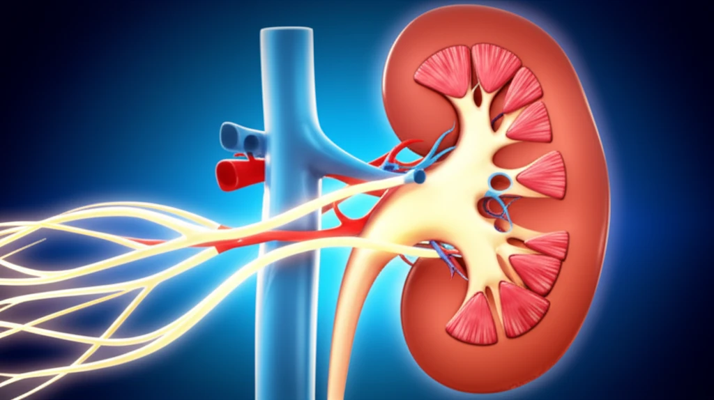 Surreal illustration of a healthy kidney with a glowing complement cascade