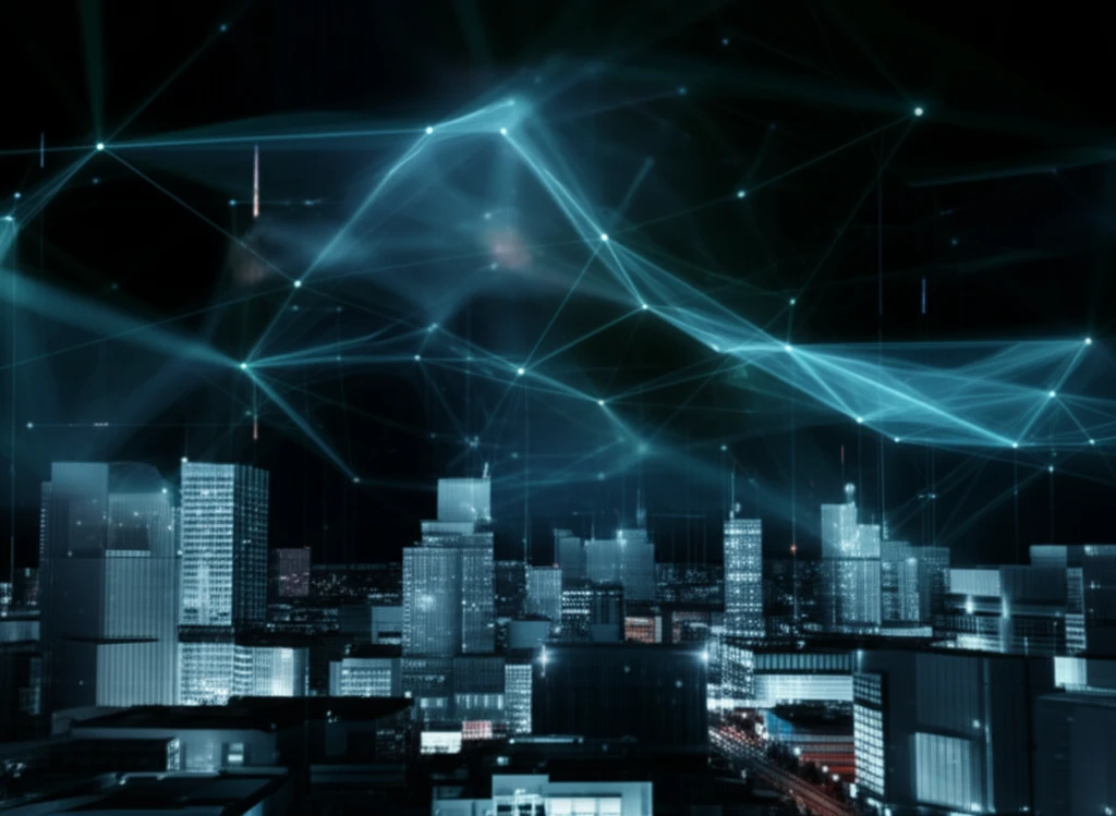 Futuristic city with glowing wireless sensor network.
