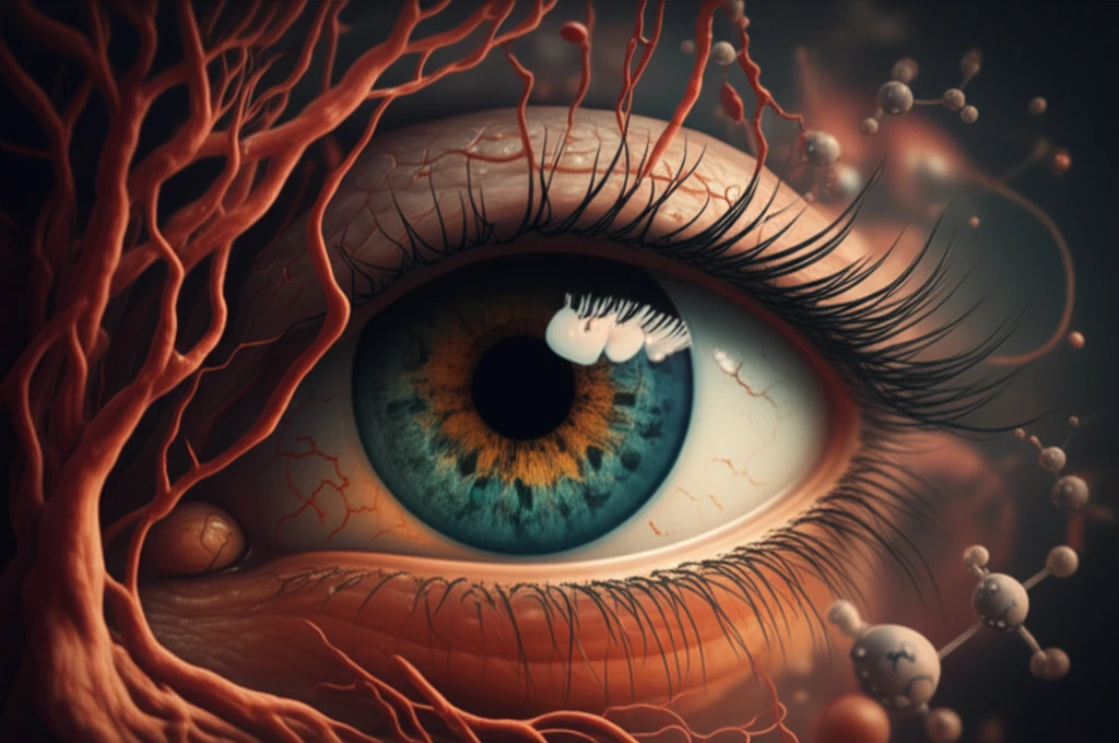 Stylized illustration of a human eye protected by intricate blood vessels.