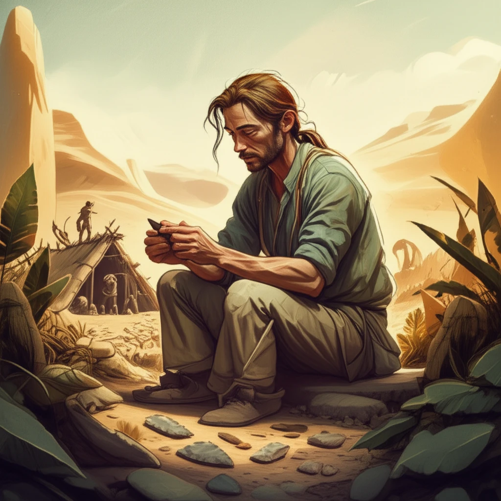 Archaeologist replicating stone tools in a prehistoric landscape.