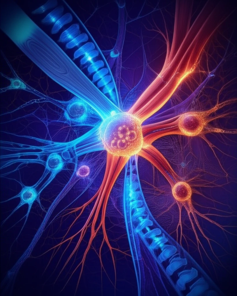 Illustration of cell differentiation into spinal cord and muscle.