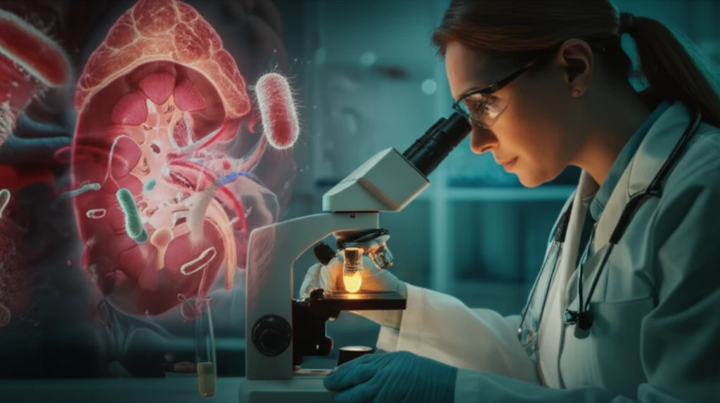 Veterinarian examining a glowing urine sample under a microscope.