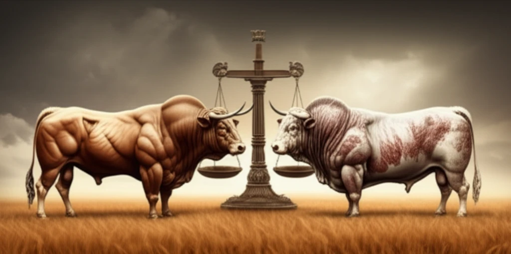 Comparison of beef cattle, illustrating the debate between muscle growth and meat quality.