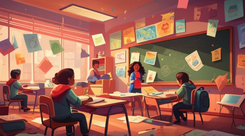 Vibrant classroom with student drawings floating, symbolizing positive learning environment.