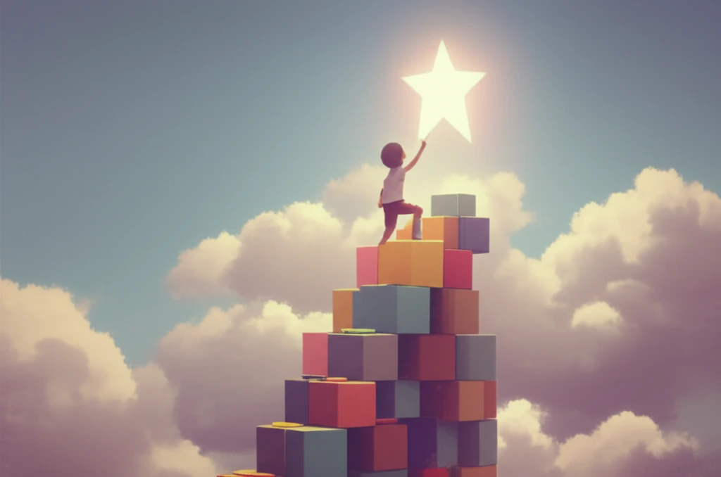 Child climbing a ladder of building blocks towards a star, symbolizing growth with biologic therapy.