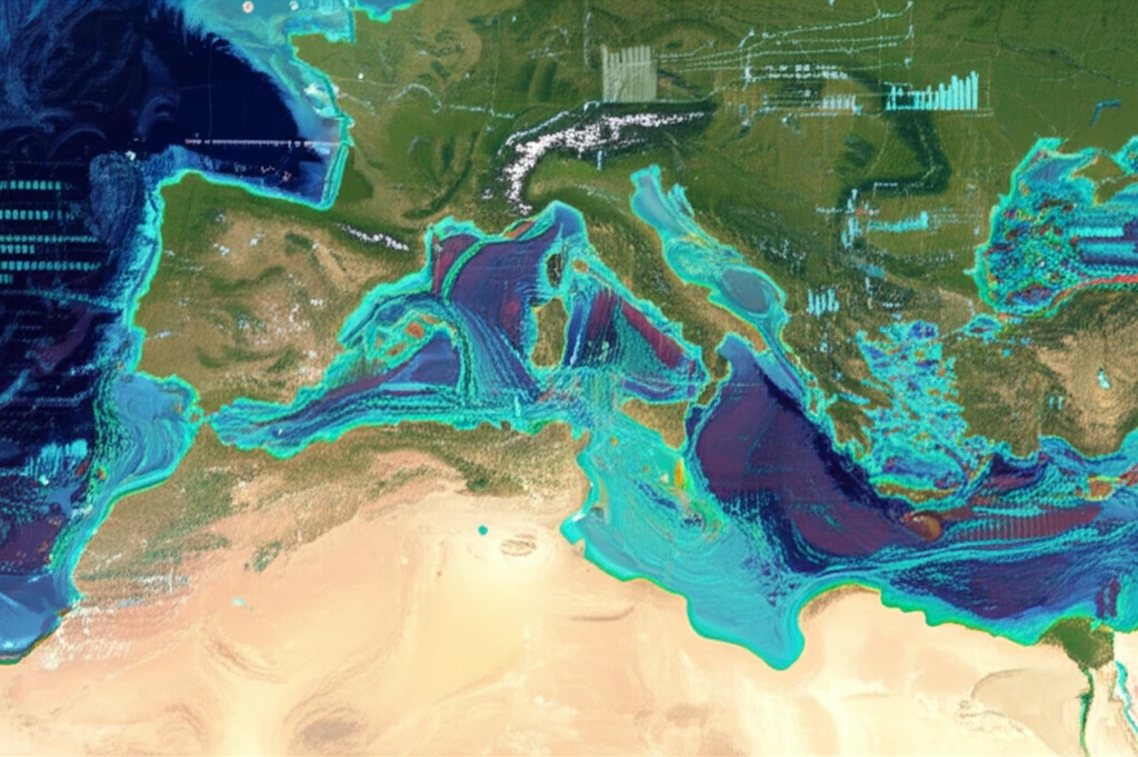 Satellite view of the Mediterranean Sea with ocean currents and data overlays.