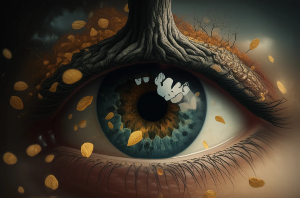 Illustration of an eye transforming into a tree, symbolizing cellular senescence and cataracts.