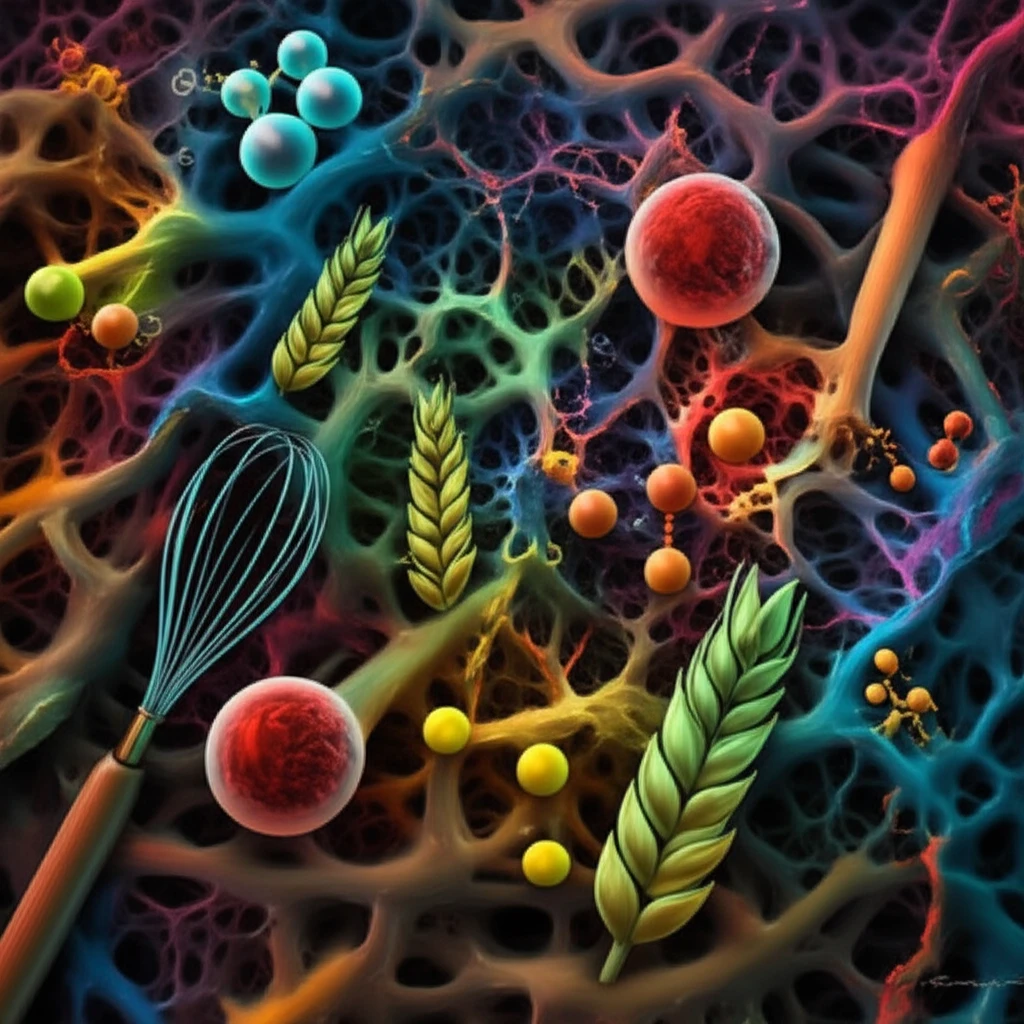 Microscopic view of wheat dough stained with fluorescent dyes.