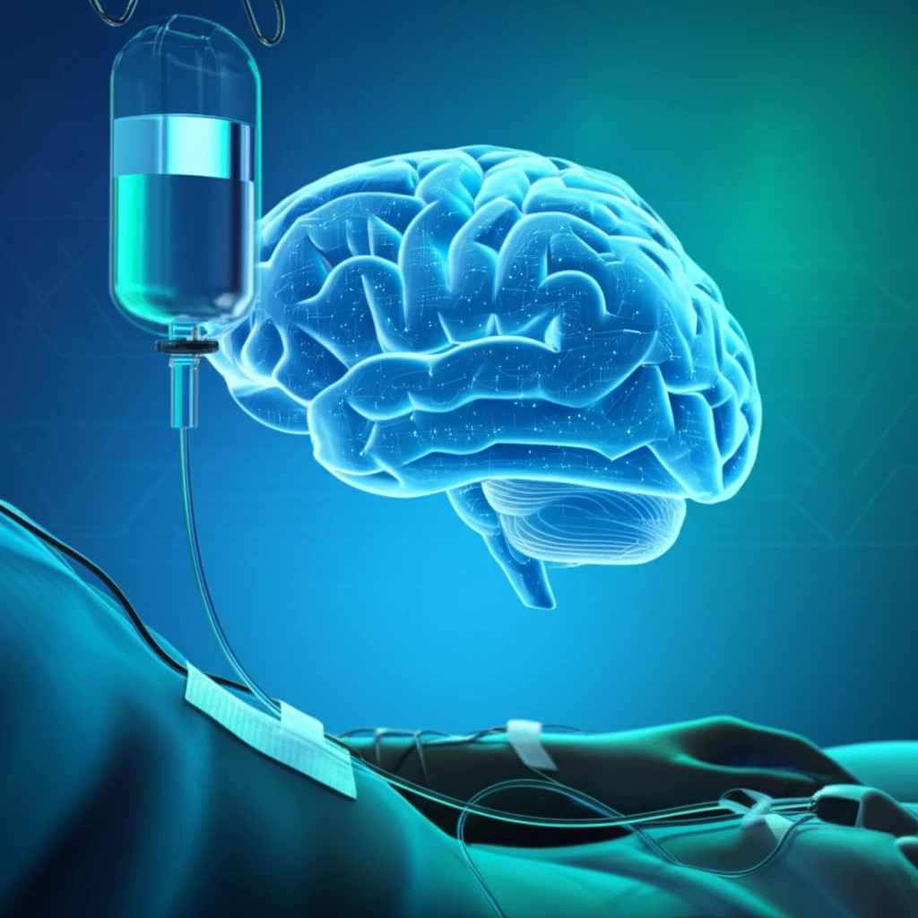 Surreal illustration connecting intravenous alcohol administration to brain function in addiction research.