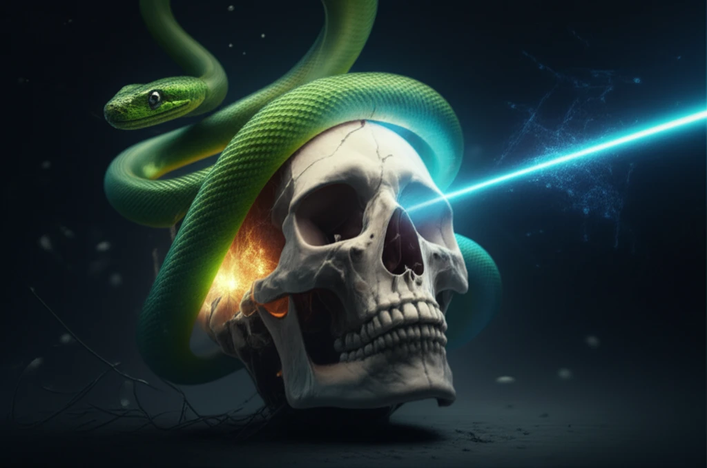 A snake intertwining with a laser beam symbolizes bone healing.