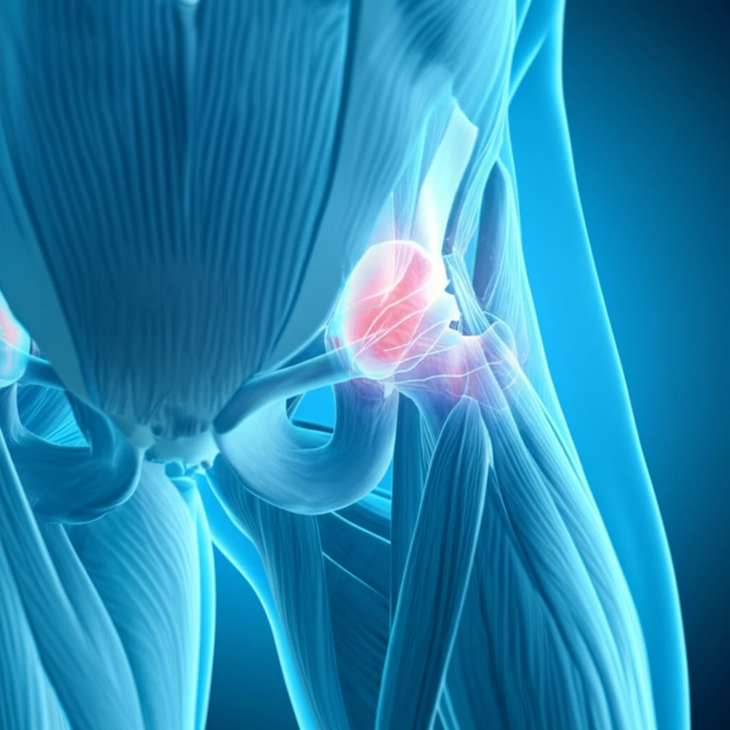 Surreal illustration of hip joint with glowing muscle fibers, symbolizing focal myositis