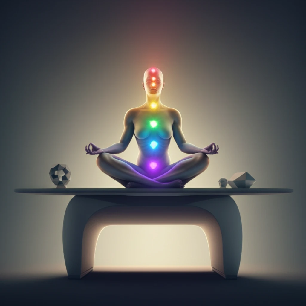 A person meditating with glowing chakras, representing energy balancing for workplace performance.