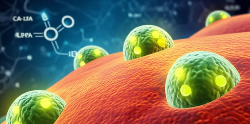 Microscopic view of ovarian cancer cells with glowing LPA molecules.