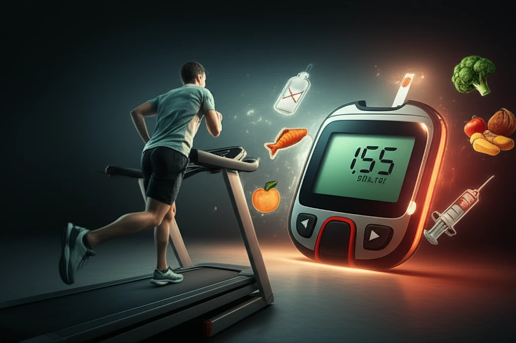 Runner monitors blood glucose levels on a treadmill, symbolizing glycemic threshold for type 2 diabetes management.