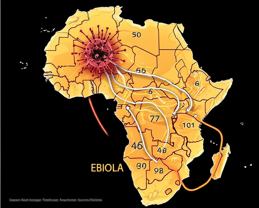 Ebola virus particle over West Africa map, showing outbreak prediction.