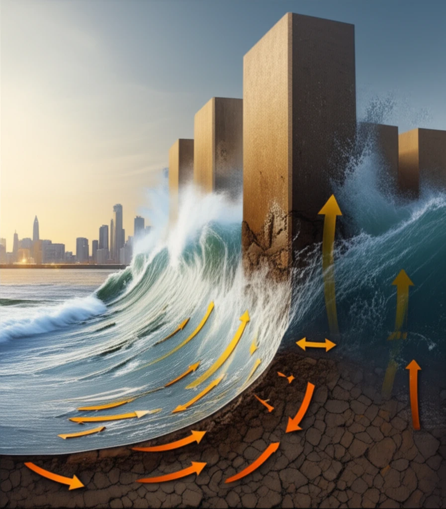 Illustration of coastal erosion undermining a breakwater.