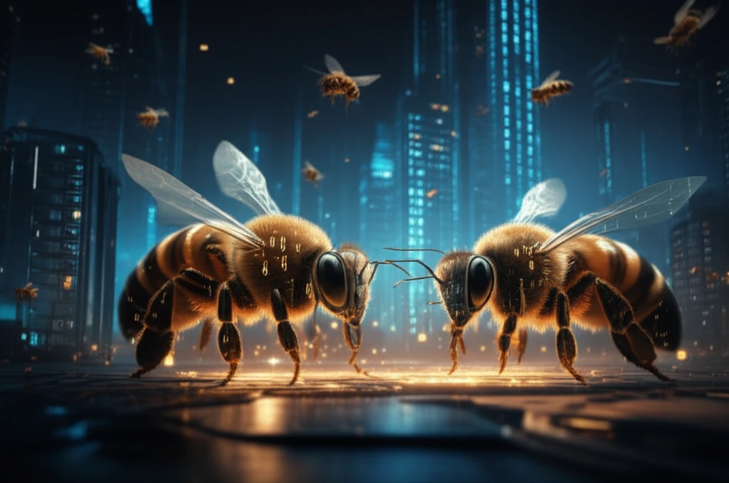 Honeybees constructing a digital cityscape of servers, representing cloud computing optimization.