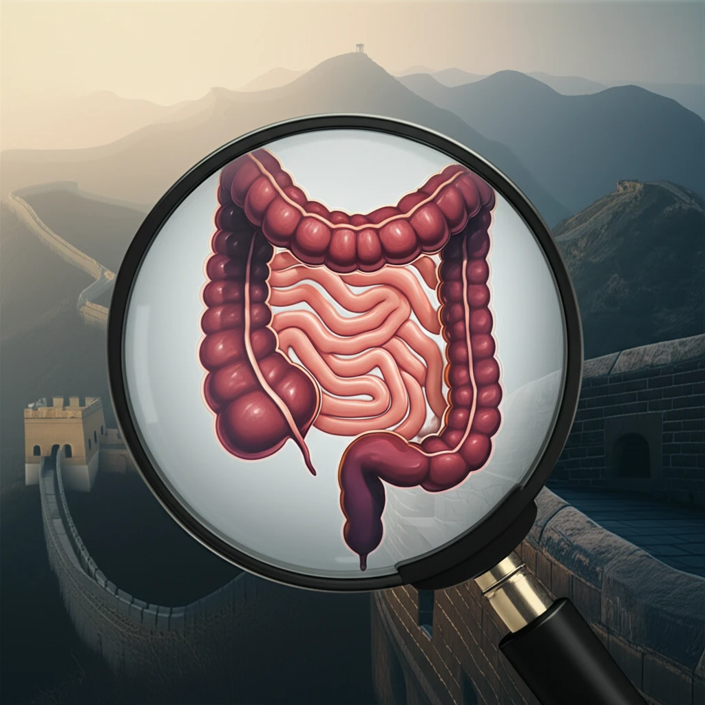 A colon biopsy sample under a magnifying glass, symbolizing the intersection of Chinese and global medical expertise in IBD diagnosis.