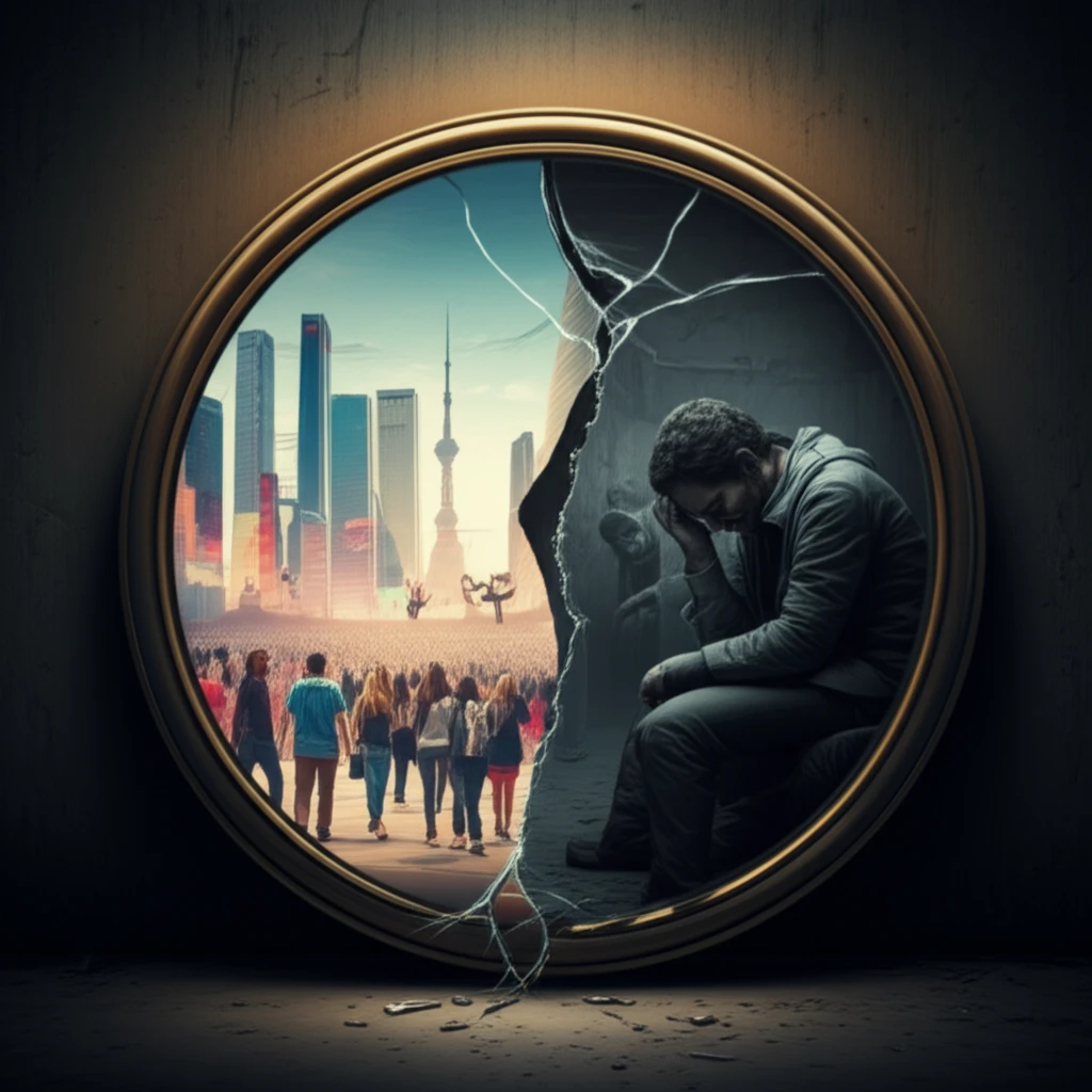 A cracked mirror reflecting prosperity and despair, symbolizing mental health inequality.