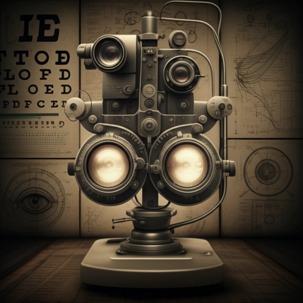 Vintage ophthalmometer with glowing lenses, historical eye charts