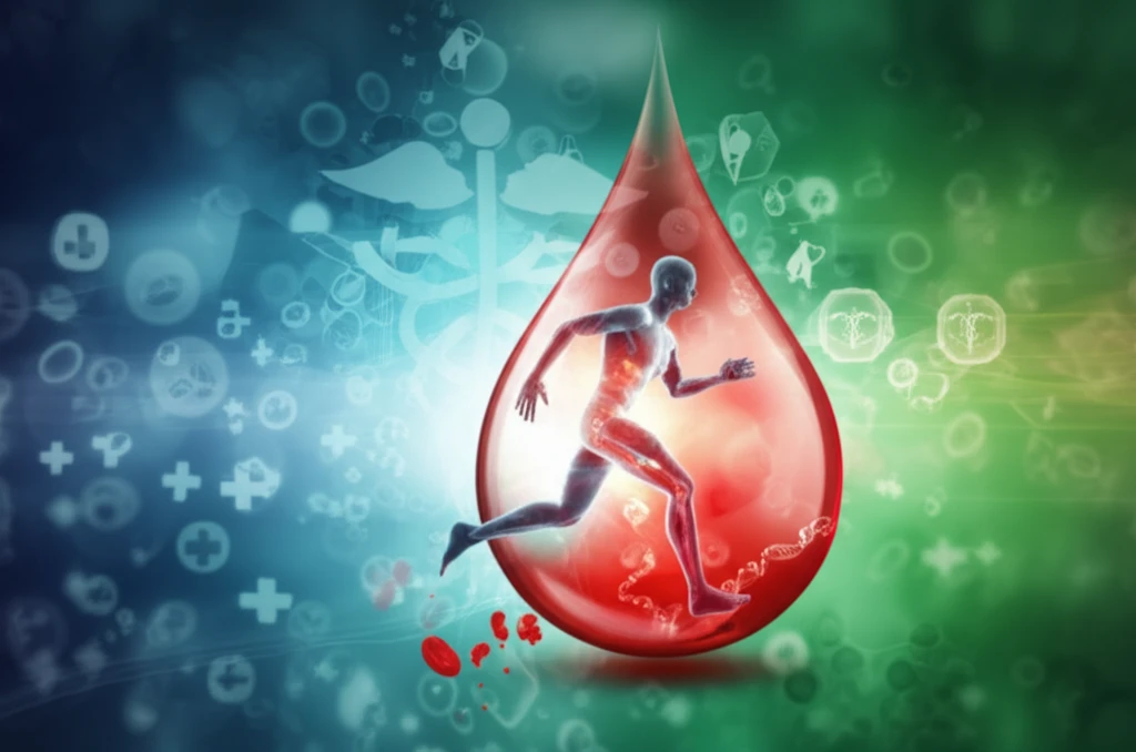 Recombinant clotting factors transforming blood drop into running person, symbolizing hemophilia treatment advancements.