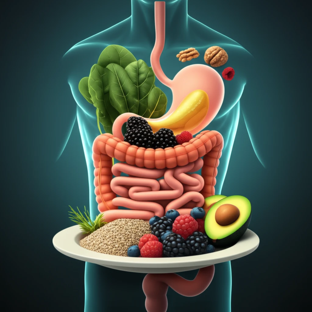 A balanced plate with fiber-rich foods and healthy fats interacting harmoniously within a stylized digestive system.