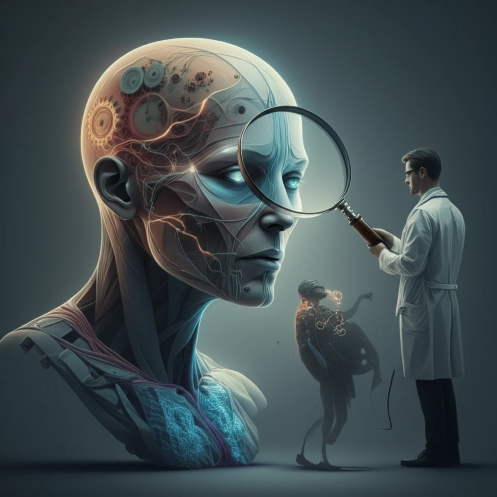 Surreal illustration of a doctor examining a patient made of metaphors.