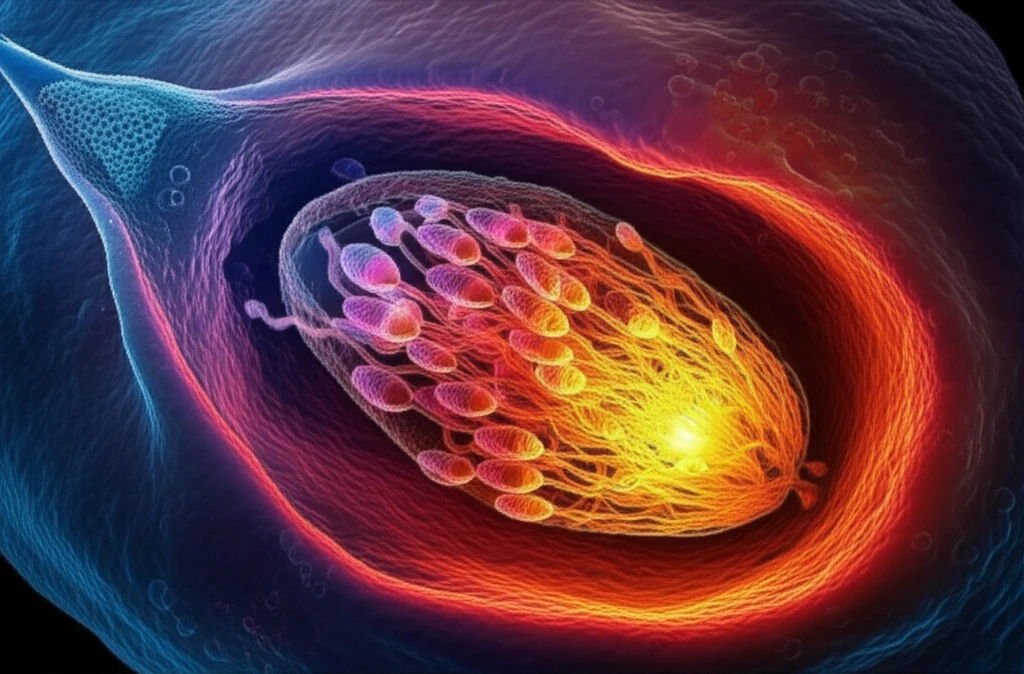 Microscopic view of a mosquito spermatheca showing sperm storage and gland cell activity.