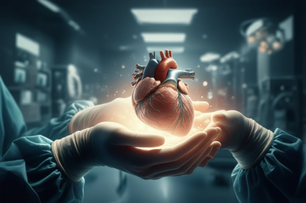 Surreal illustration of a child's heart in a surgeon's hands.