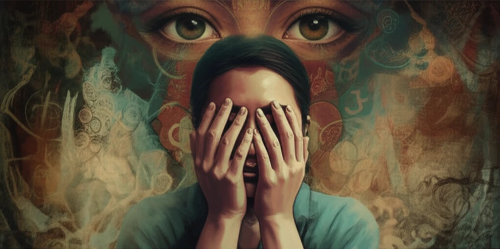Surreal illustration of a person shielding their face, representing the complexities of schizophrenia and the dual nature of protection and scrutiny.