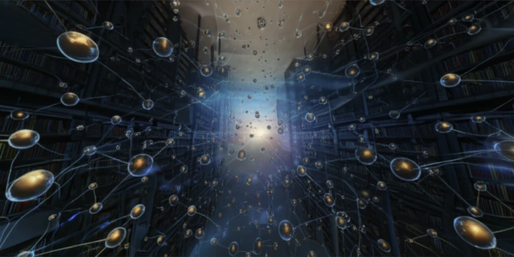 A digital illustration showcasing the interconnectedness of ontologies in a vast library, symbolizing effective information retrieval.
