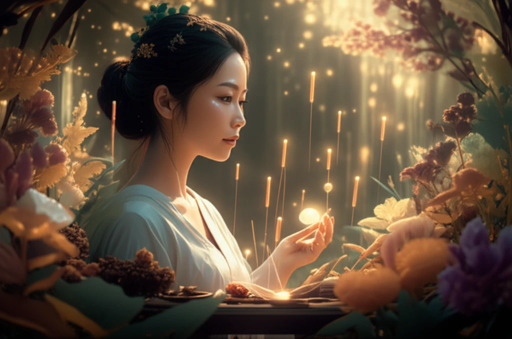 Woman in tranquil garden surrounded by Chinese herbs and acupuncture needles