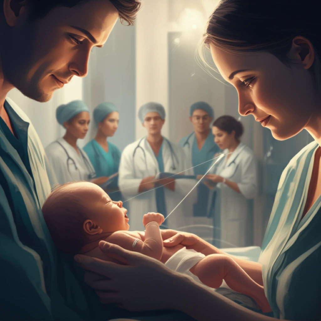 A parent holding their baby in the NICU, surrounded by a collaborative medical team.