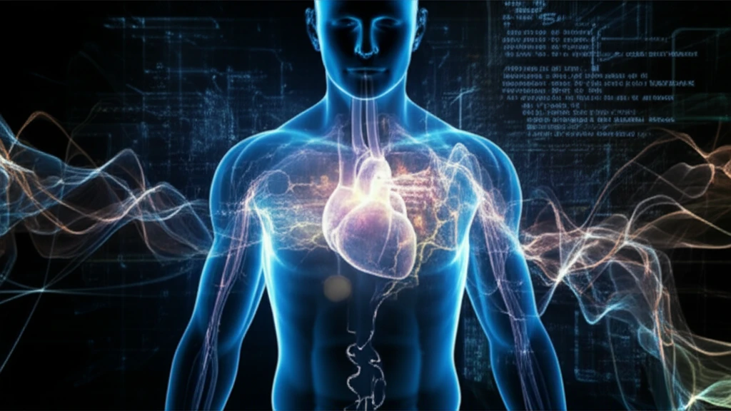 Stylized human torso with a glowing heart, surrounded by electrical potentials and computer code.