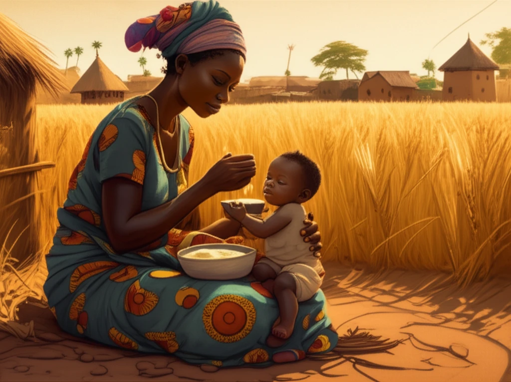 A mother feeds her baby fonio porridge in a Beninese village.